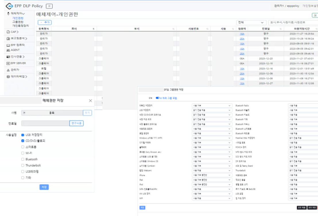User Policy Pro 사용자와 부서별 정책 관리 화면